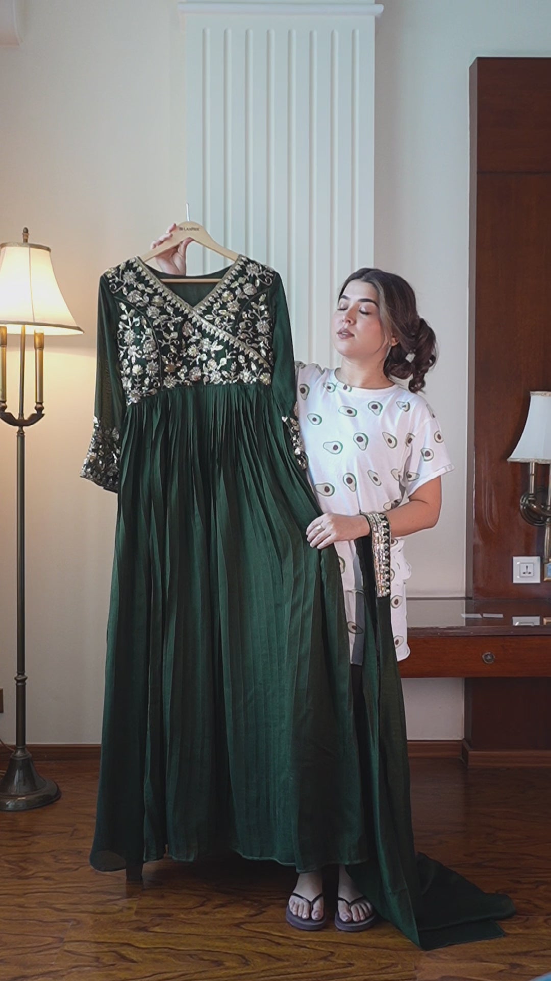 Bottle Green Blooming Vichitra Floor-Length Gown