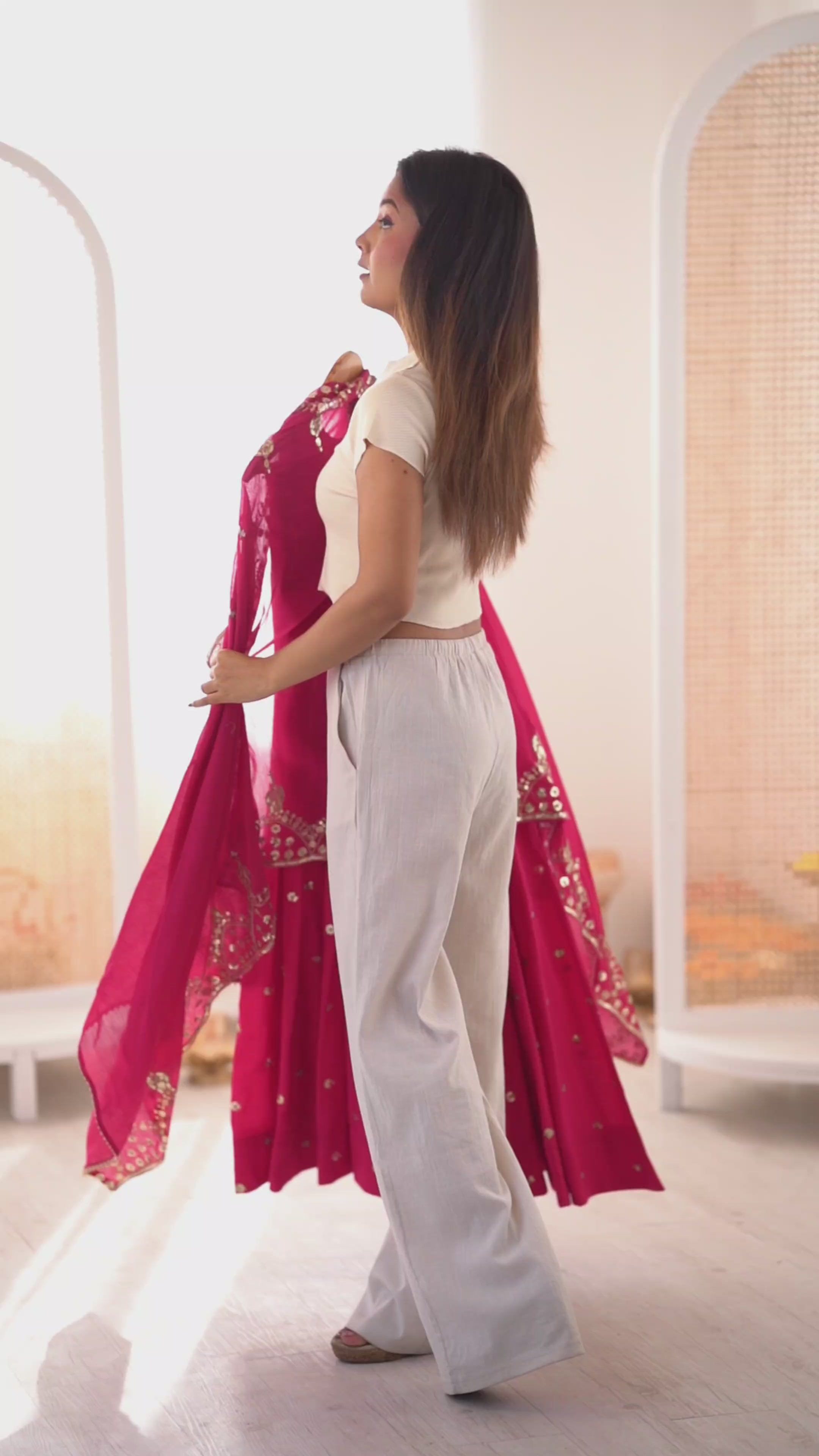Silk Anarkali Gown Set Featuring Intricate Mirror-Work Embroidery