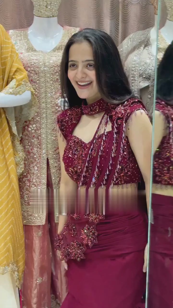 Maroon Georgette Fish-Cut Lehenga Choli With Heavy Sequin Embroidery