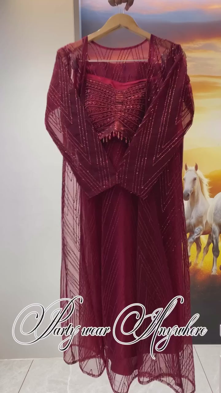 Indo-Western Ensemble Features Rich Maroon Sequin-Embroidered