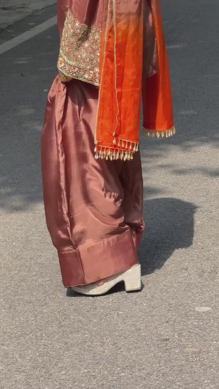 Royal Rust Embroidered Silk Kurta Set with Orange Dupatta