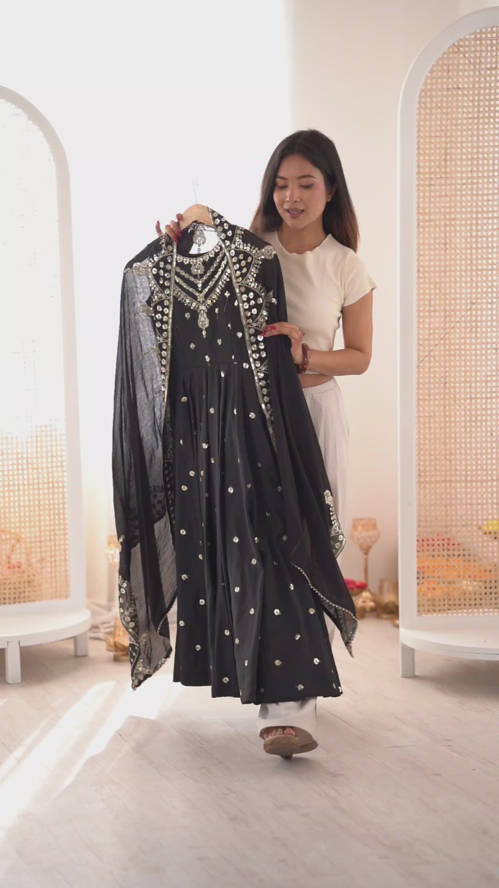 Silk Anarkali Gown Set Featuring Intricate Mirror-Work Embroidery