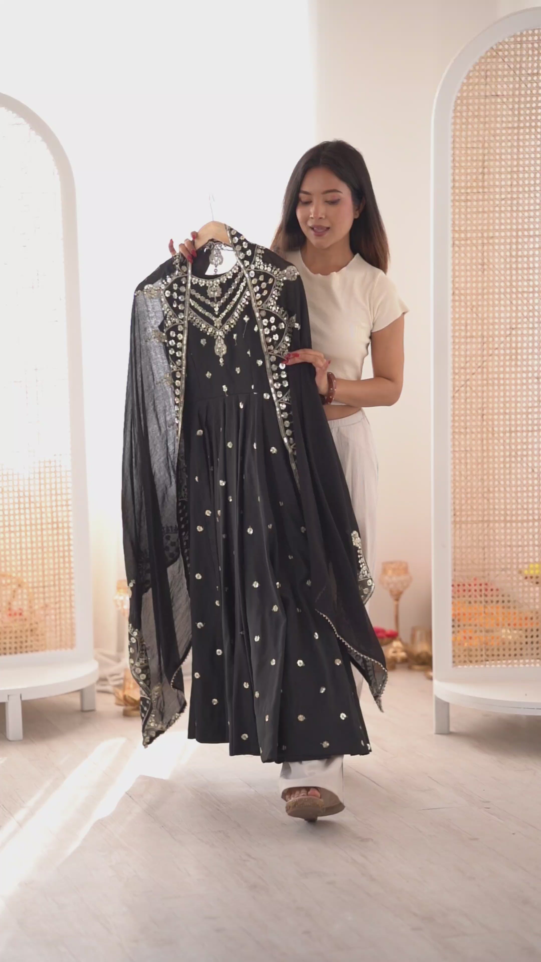 Silk Anarkali Gown Set Featuring Intricate Mirror-Work Embroidery