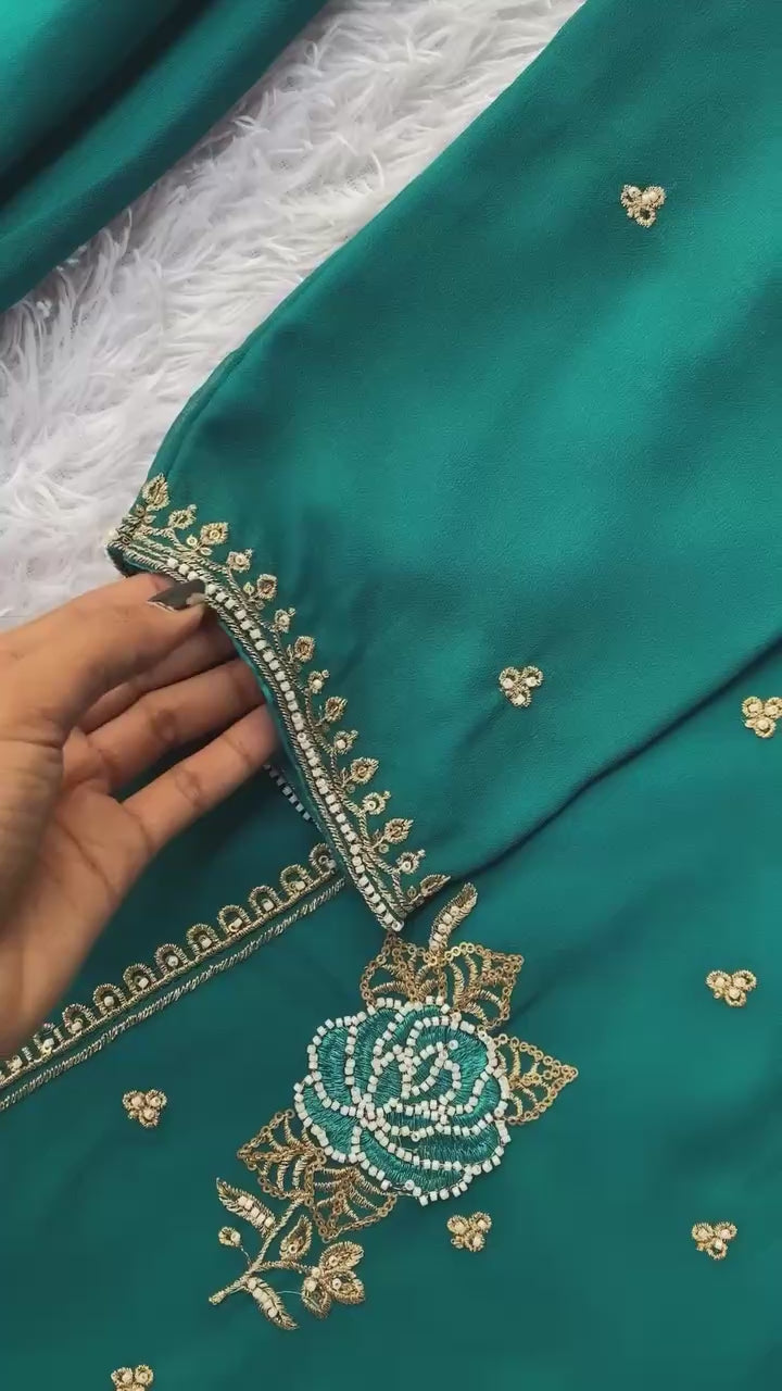 Vibrant Teal Blue Fox Georgette Embroidered Kurti and Sharara Set