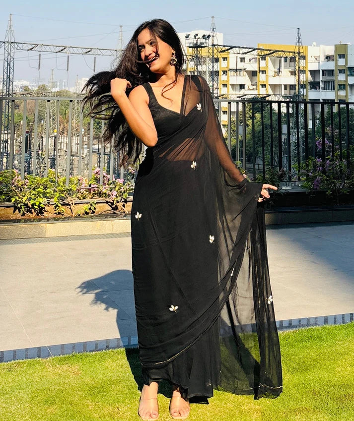 Black - Solid Georgette Chiffon Saree