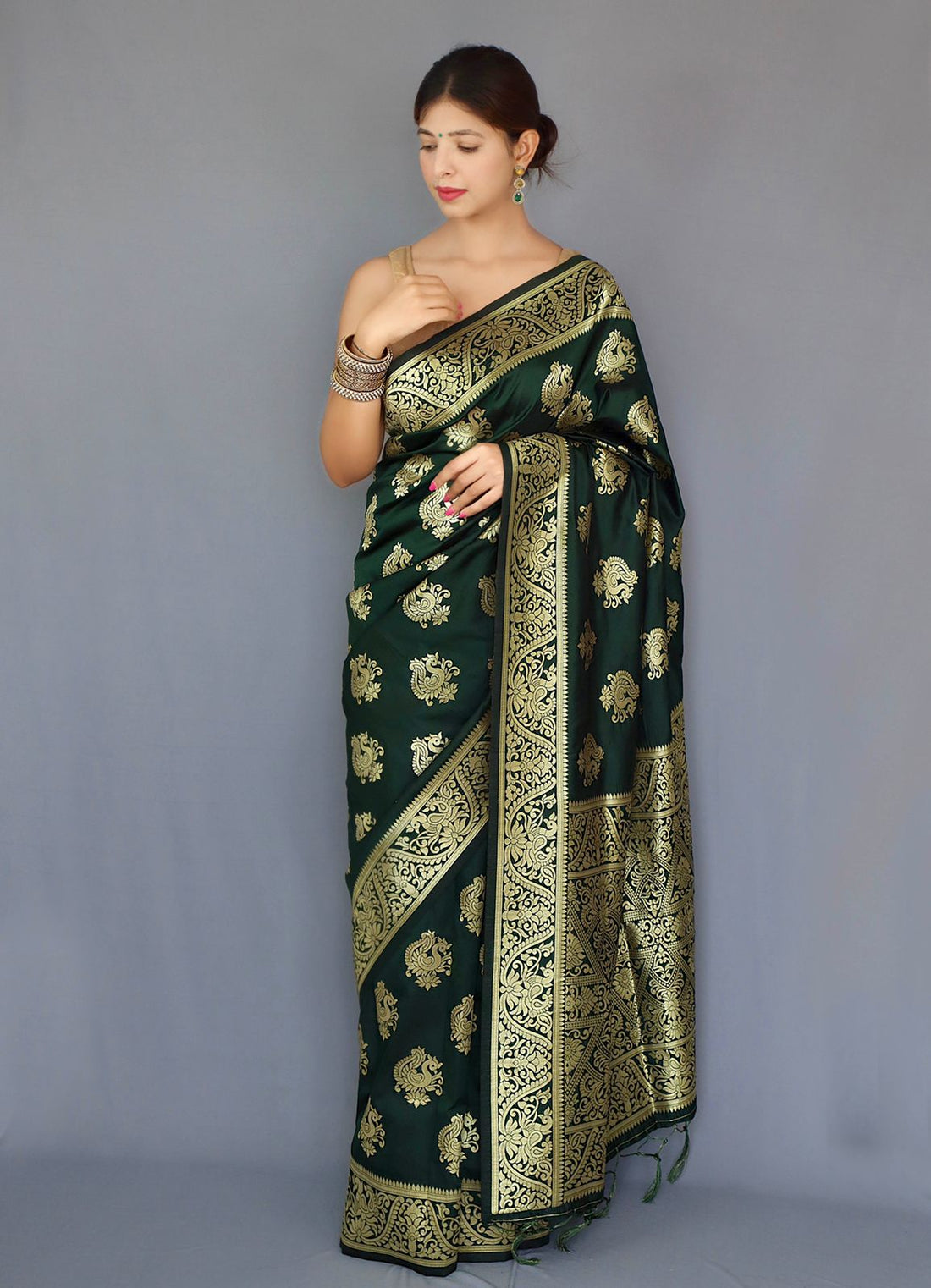 Bottle Green Color Zari Golden Weaving Rich Saree