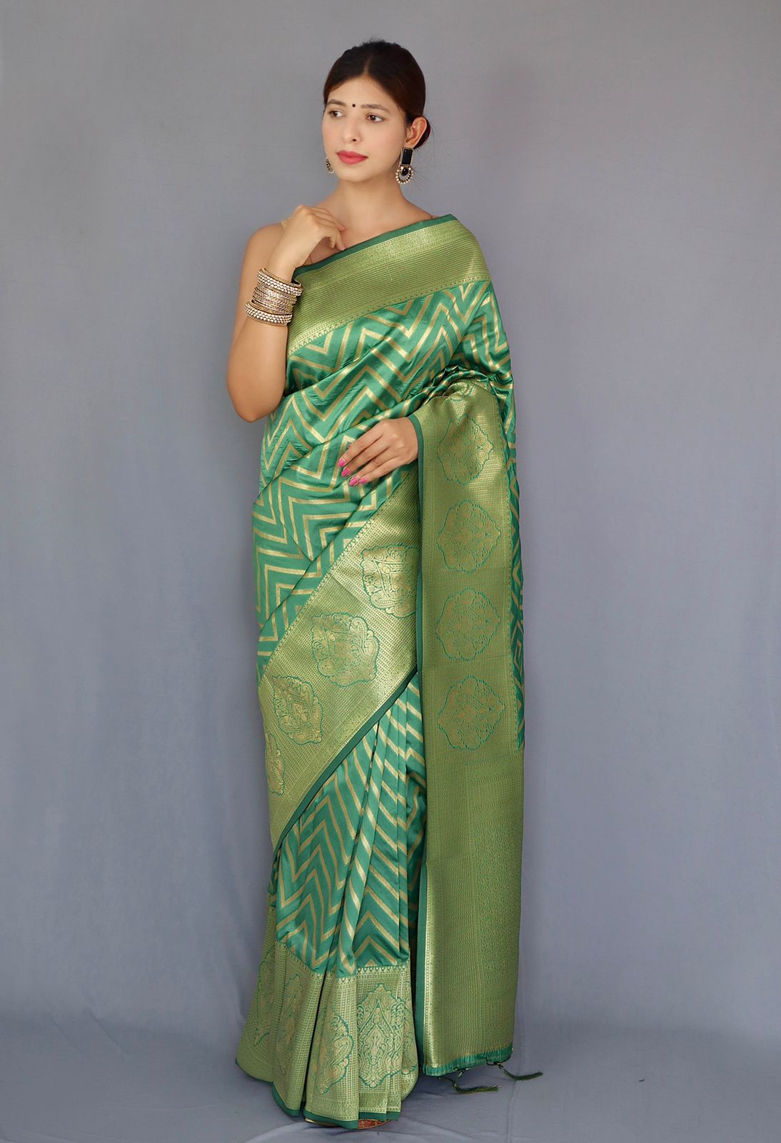 Pastel Green Color Zari Golden Weaving Rich Saree